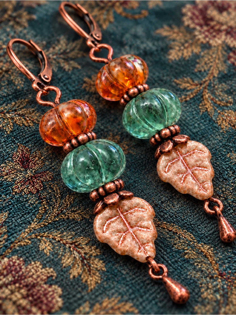 Czech Glass Triple Pumpkin Earrings Orange Melon Gold Tone Pinecone Dangles